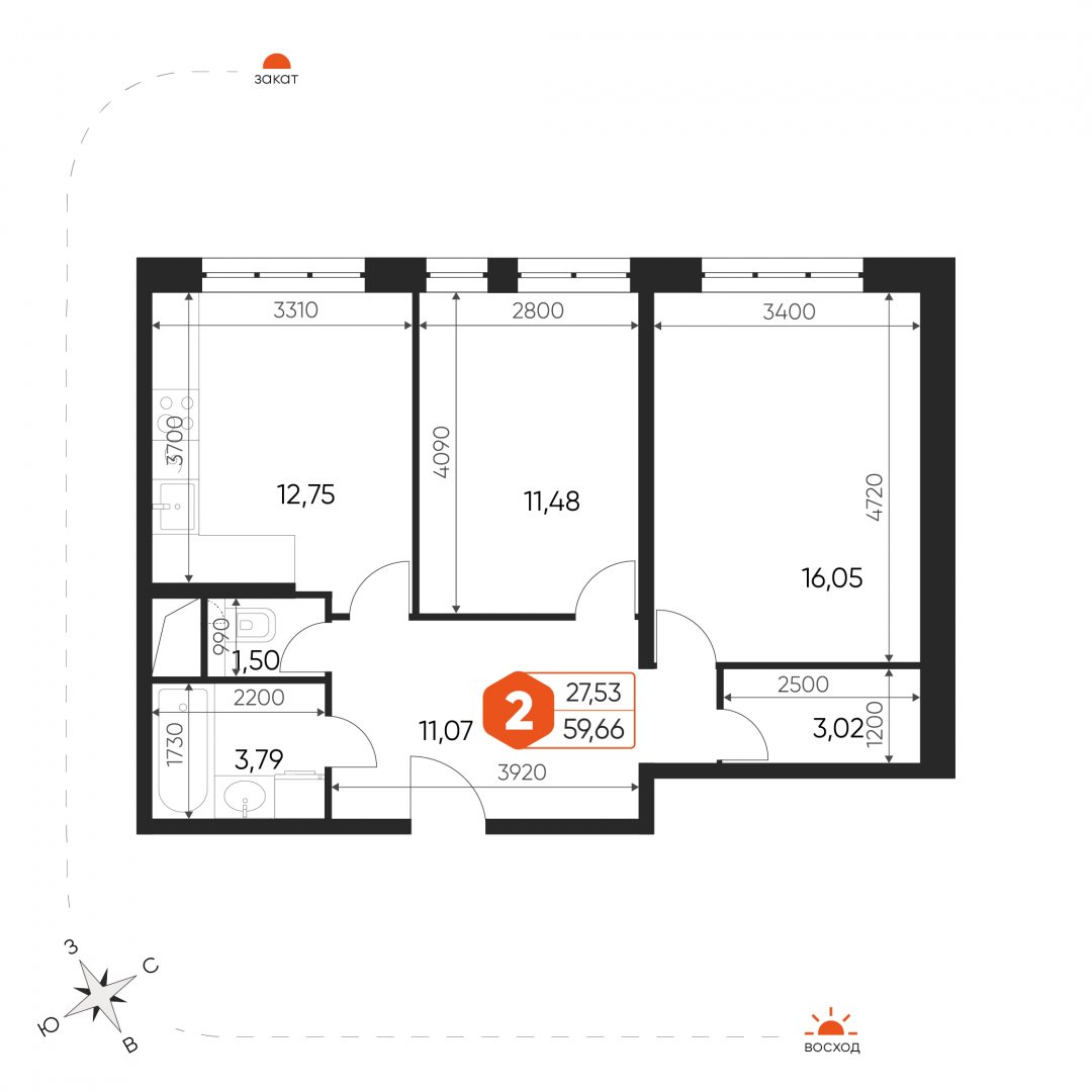 2-комнатная 59.7 м2 в ЖК undefined корпус null этаж 5