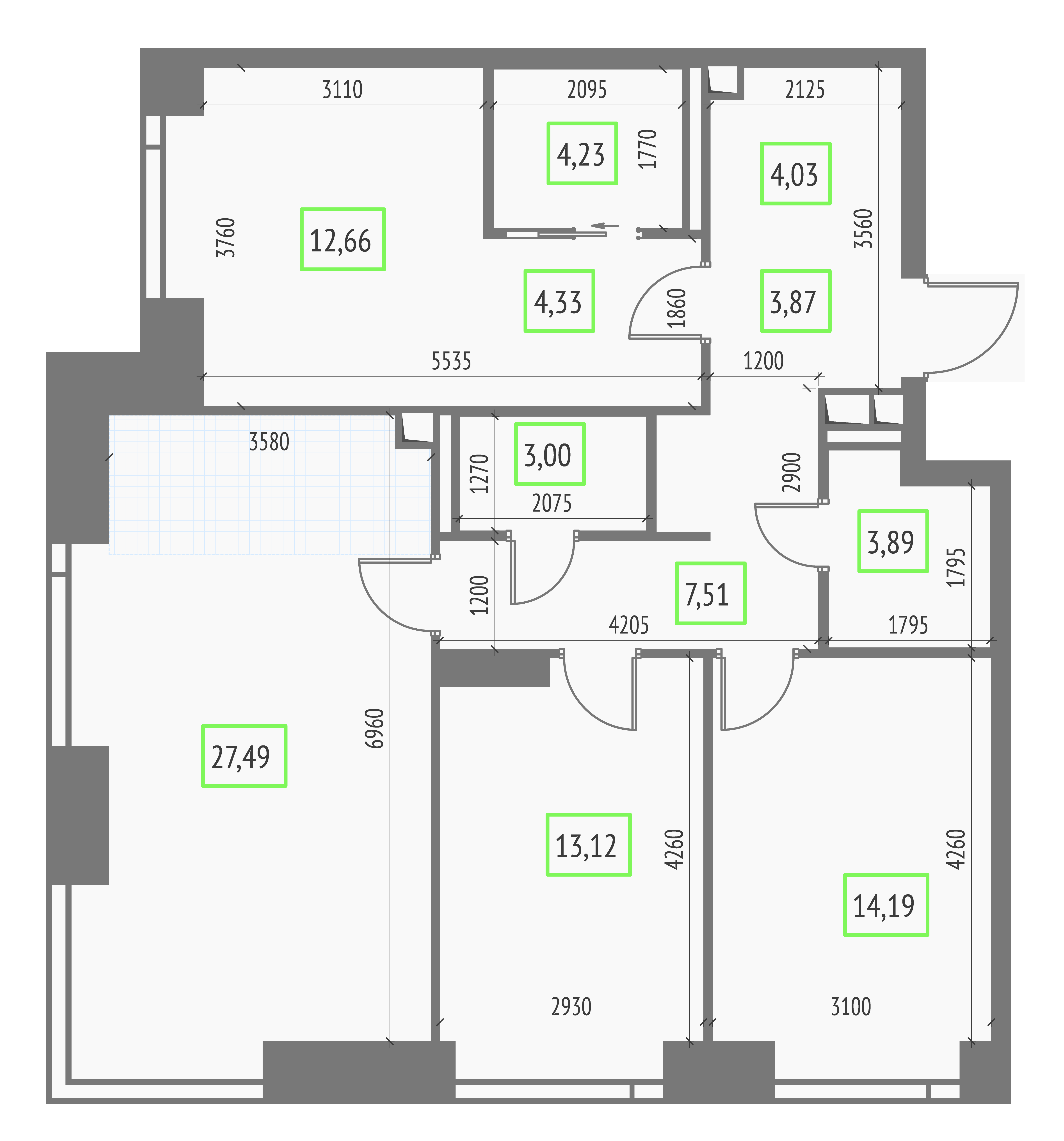 3-комнатная 98 м2 в ЖК Upside Towers корпус null этаж 9