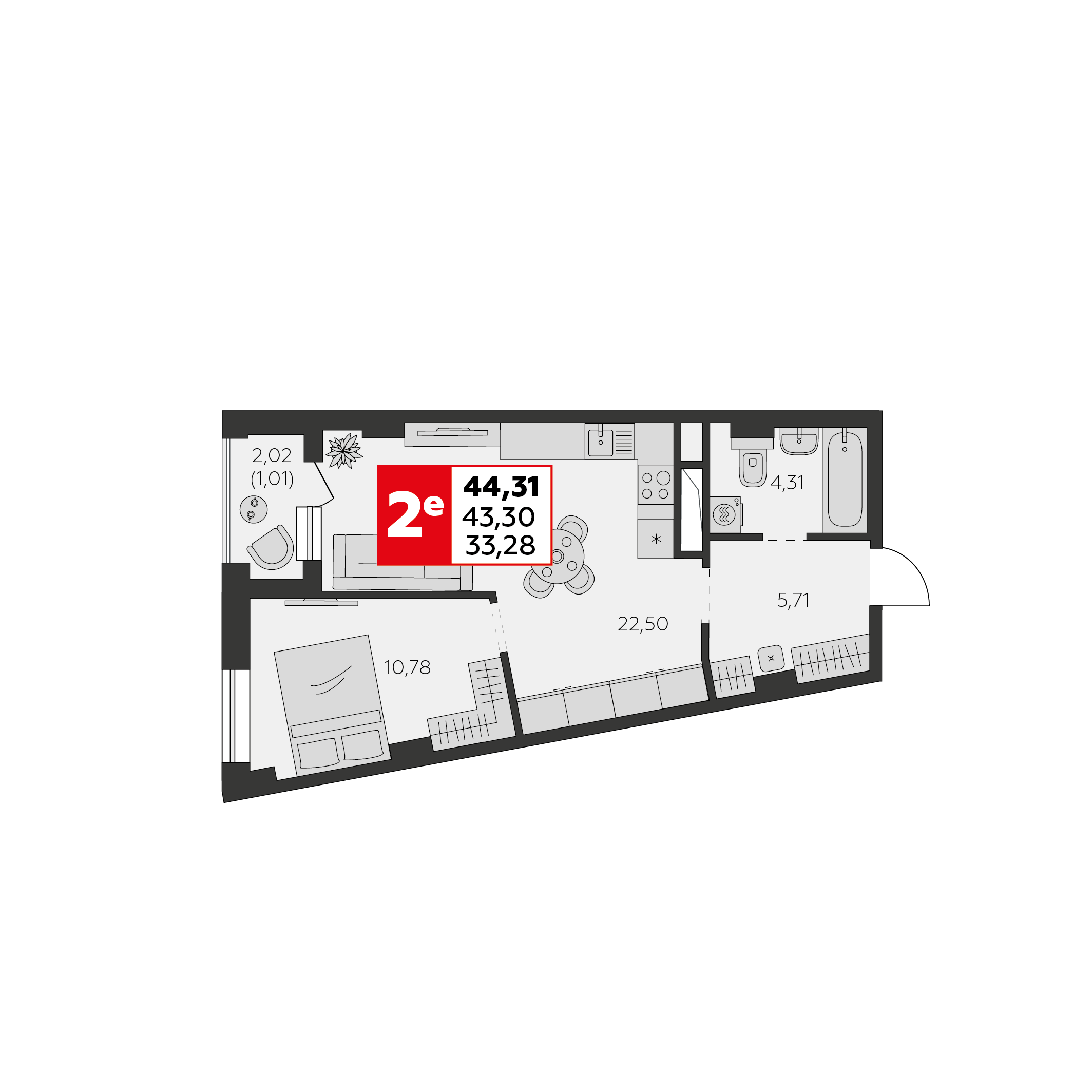 Студия 44 м2 в ЖК Высотка корпус null этаж 6