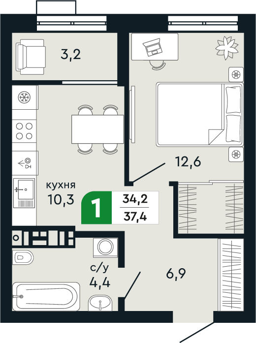 1-комнатная 37 м2 в ЖК Green Park корпус null этаж 6