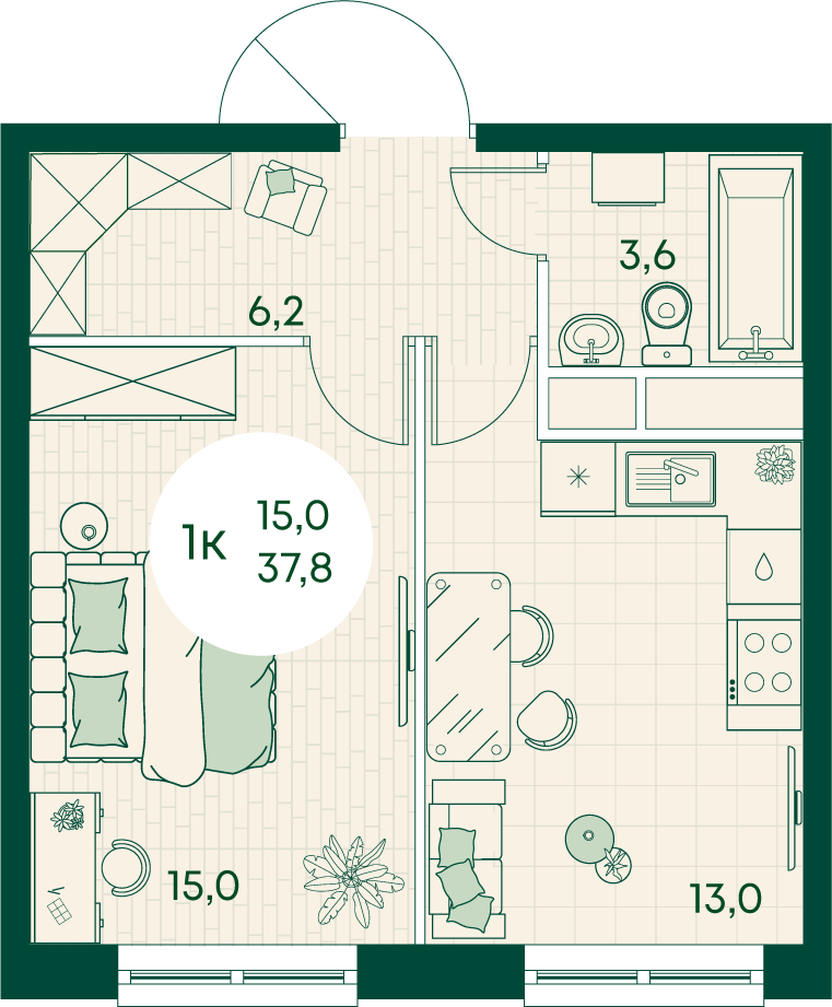 1-комнатная 37 м2 в ЖК Green Apple корпус null этаж 2