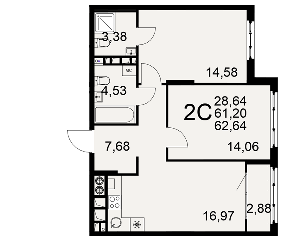 2-комнатная 61 м2 в ЖК Медиана корпус null этаж 10