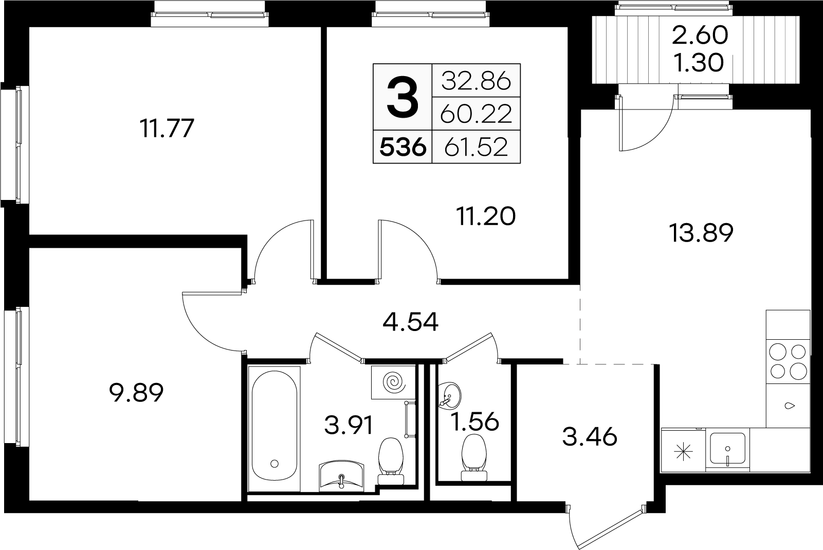 3-комнатная 61 м2 в ЖК Glorax Новинки корпус null этаж 4