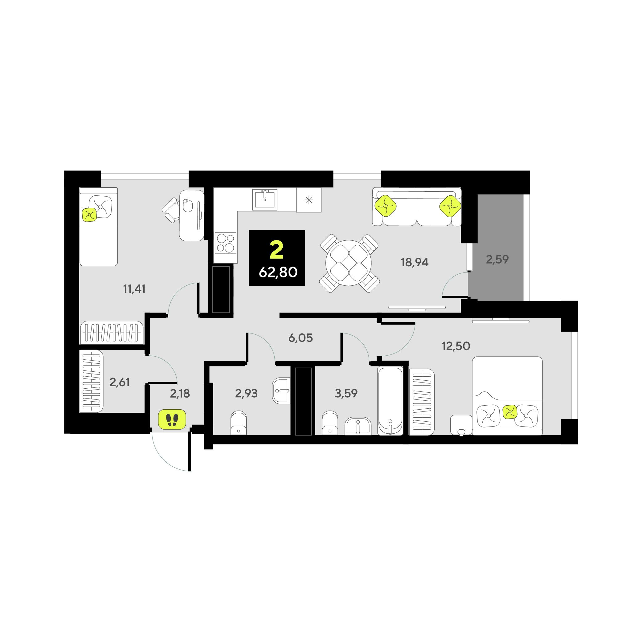 2-комнатная 62 м2 в ЖК Мотивы корпус null этаж 7