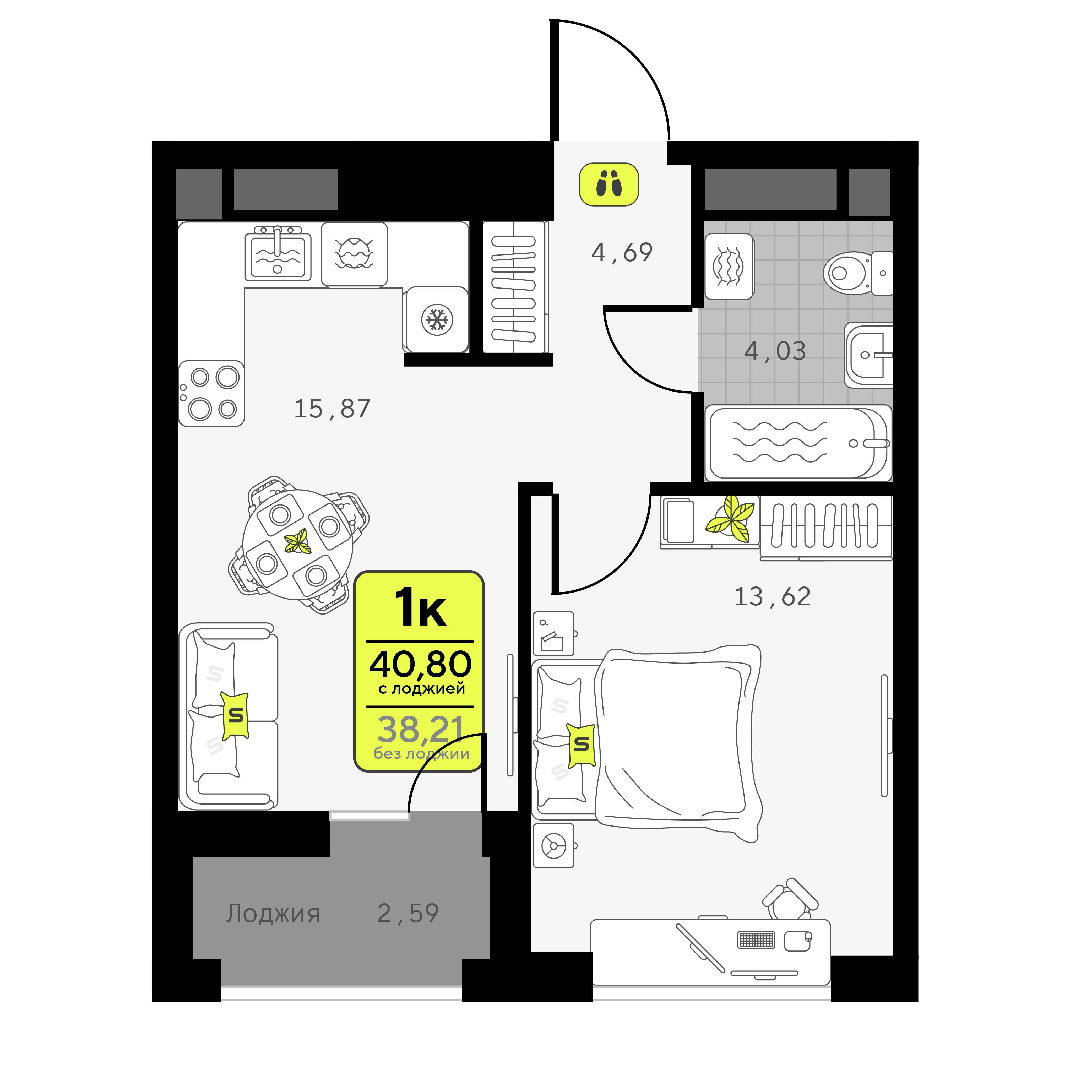 1-комнатная 40 м2 в ЖК Мотивы корпус null этаж 7