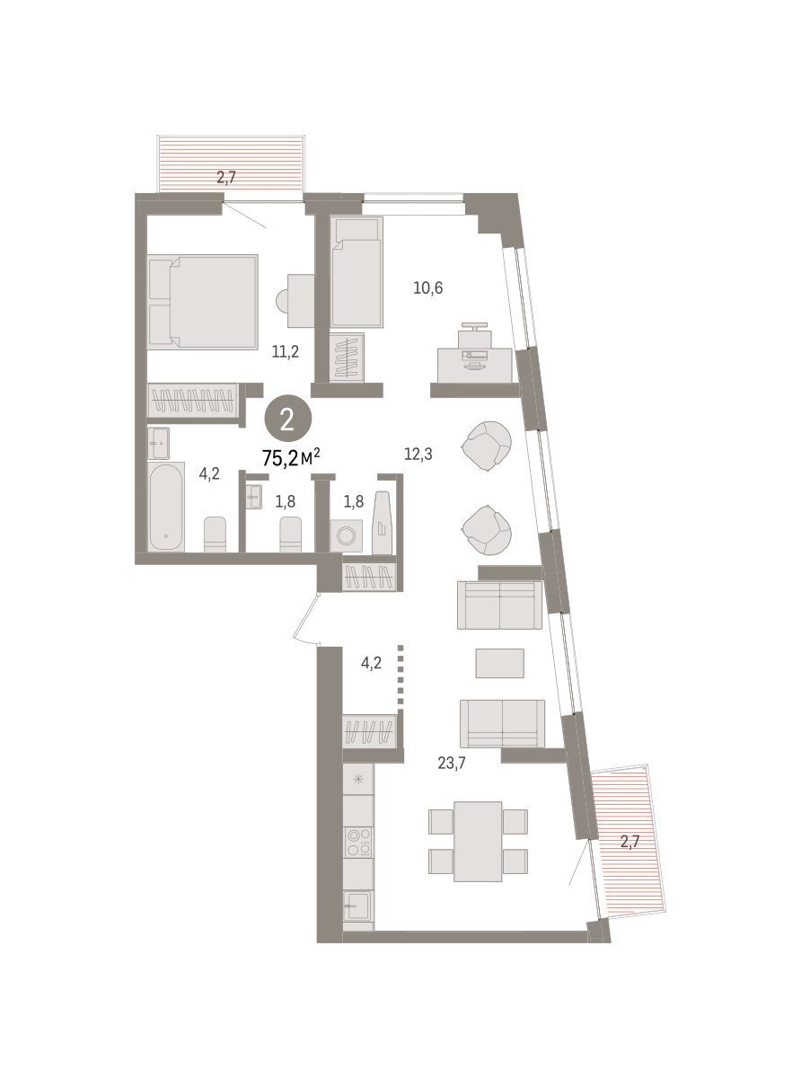 2-комнатная 75 м2 в ЖК Речной порт корпус null этаж 4