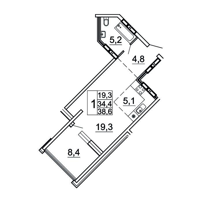 1-комнатная 38 м2 в ЖК Сингапур корпус null этаж 15