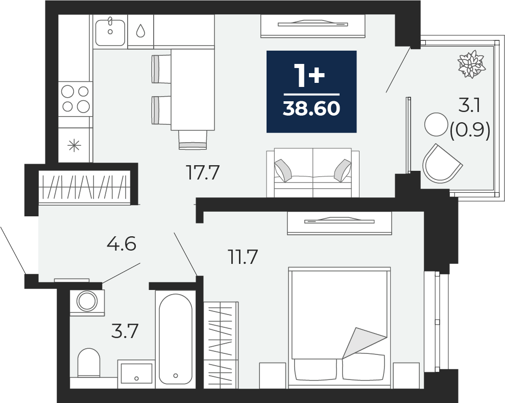 1-комнатная 37 м2 в ЖК Мириады корпус null этаж 14