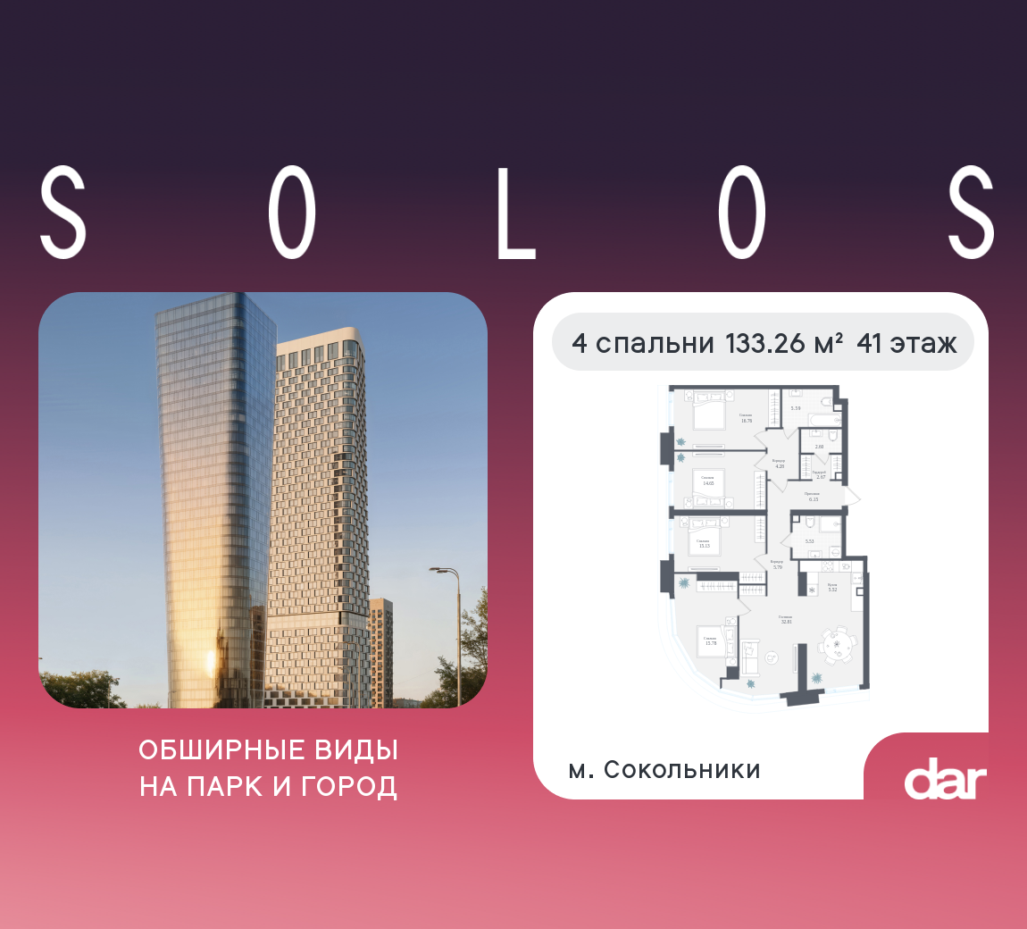 4-комнатная 133 м2 в ЖК Solos корпус null этаж 41