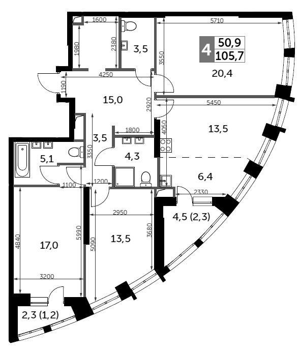 4-комнатная 105.7 м2 в ЖК undefined корпус null этаж 26