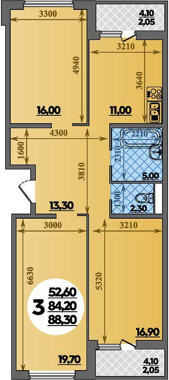 3-комнатная 88 м2 в ЖК Парк у дома корпус null этаж 1