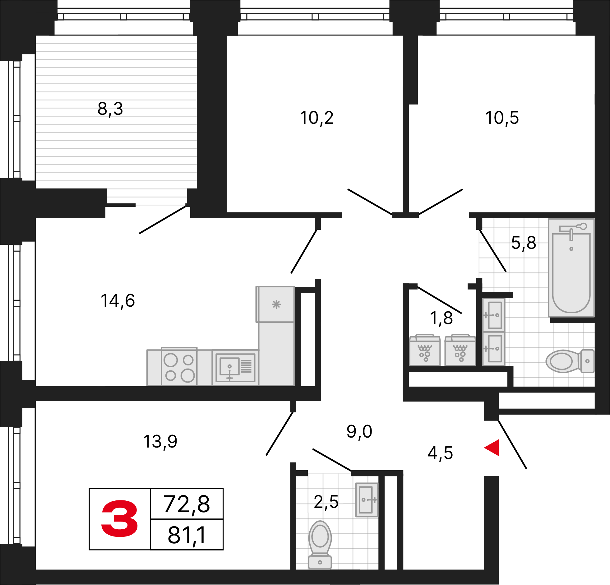 3-комнатная 81 м2 в ЖК Бестселлер корпус null этаж 28