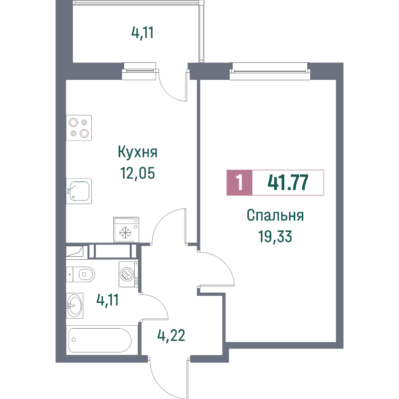 1-комнатная 41 м2 в ЖК Фотограф корпус null этаж 10