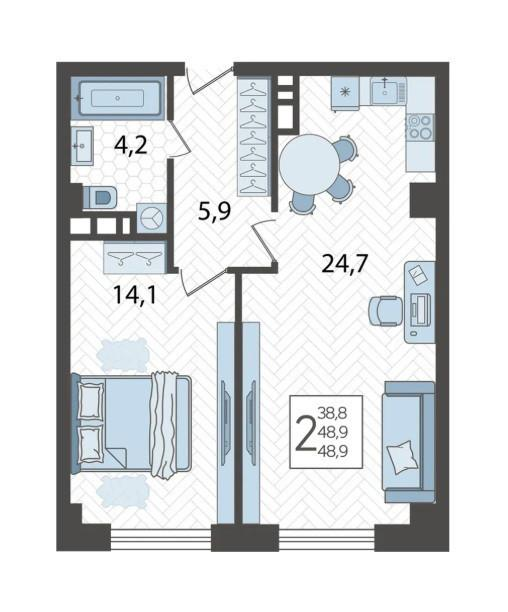 1-комнатная 48.9 м2 в ЖК undefined корпус null этаж 9