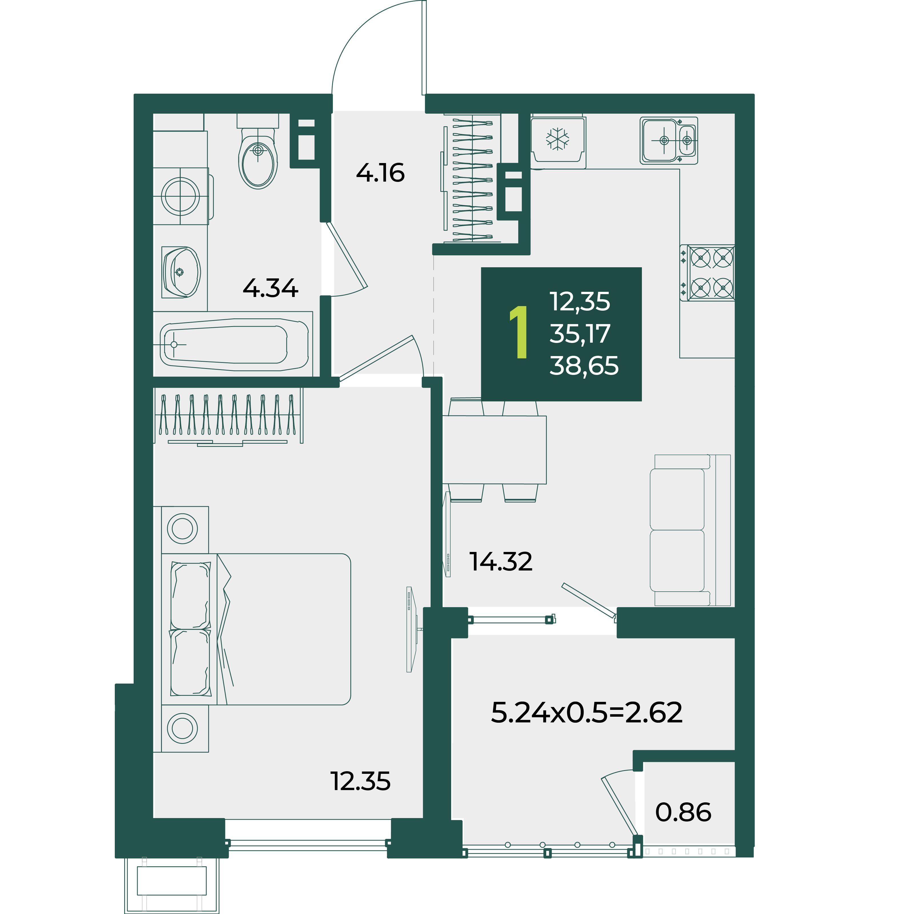 1-комнатная 38 м2 в ЖК Образцово корпус null этаж 5