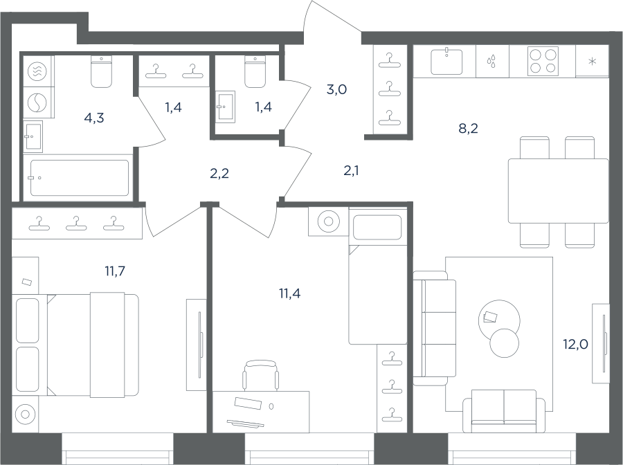 3-комнатная 57 м2 в ЖК Равновесие корпус null этаж 5
