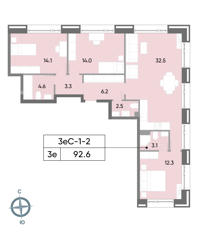 3-комнатная 90 м2 в ЖК Wave корпус null этаж 2