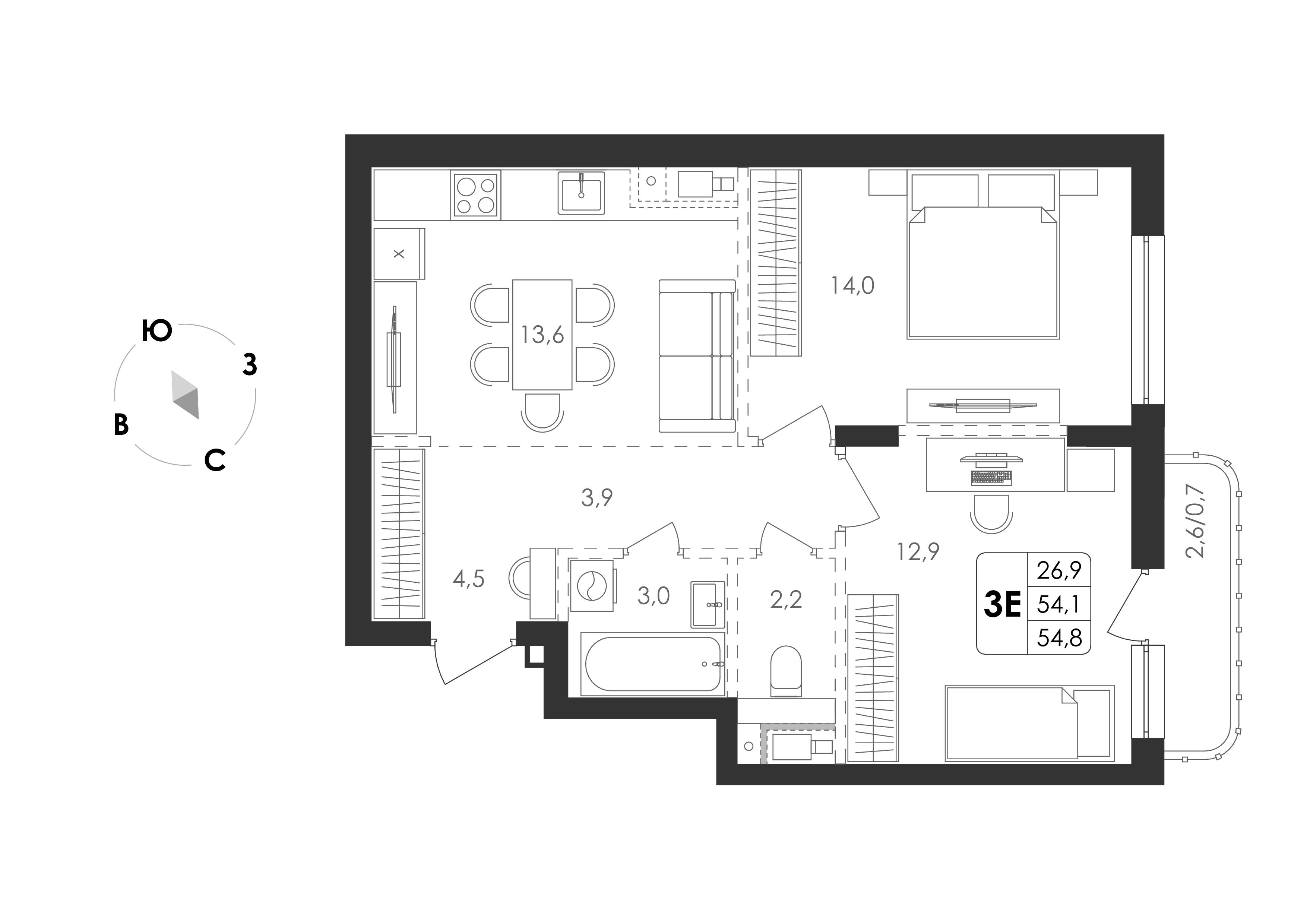 3-комнатная 54 м2 в ЖК Циолковский корпус null этаж 9