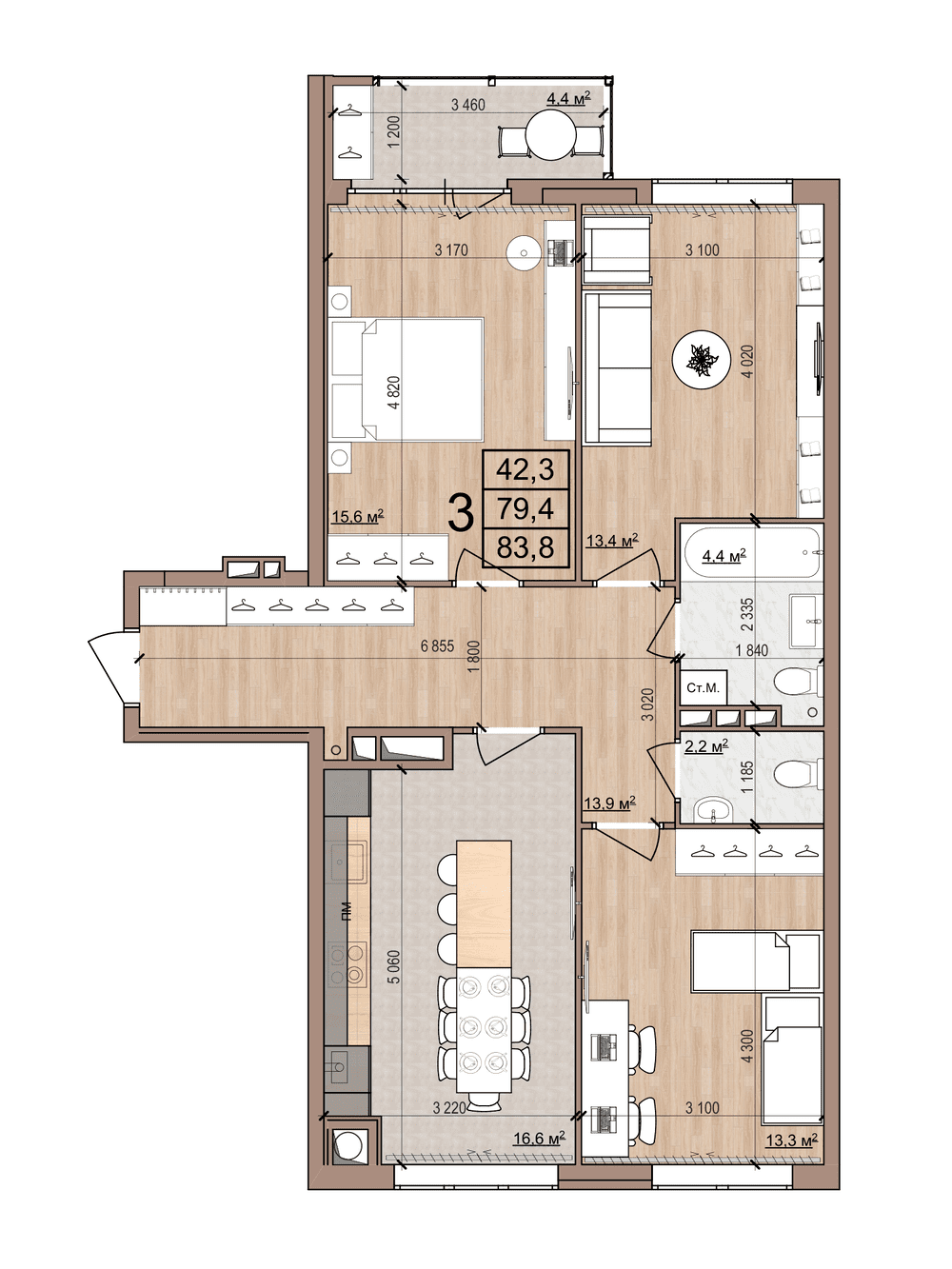 3-комнатная 83 м2 в ЖК Skyline-2 корпус null этаж 13