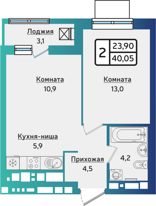 2-комнатная 40 м2 в ЖК ARTNOVA корпус null этаж 10