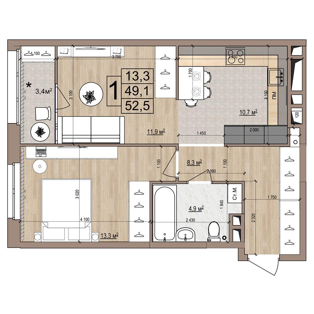 1-комнатная 52 м2 в ЖК Гранд Комфорт-2 корпус null этаж 8