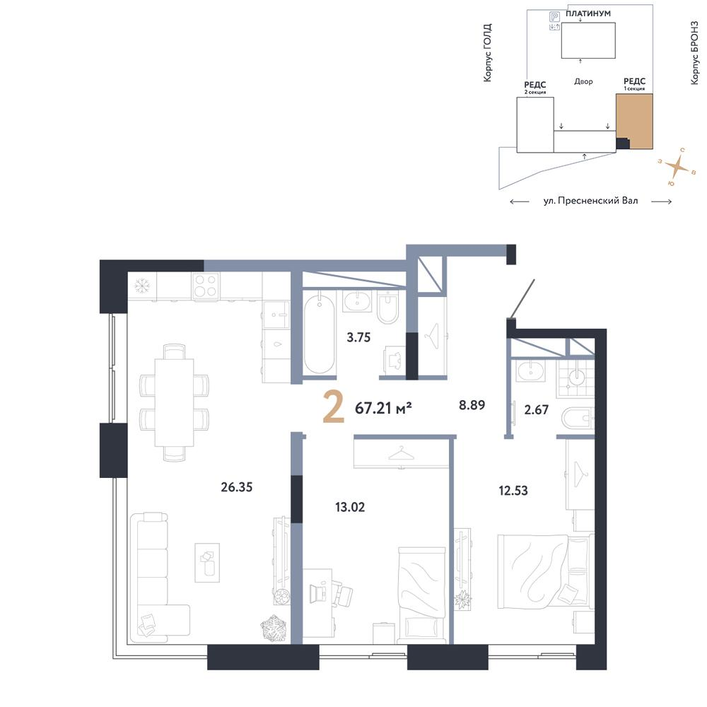 2-комнатная 67 м2 в ЖК Репаблик корпус null этаж 3