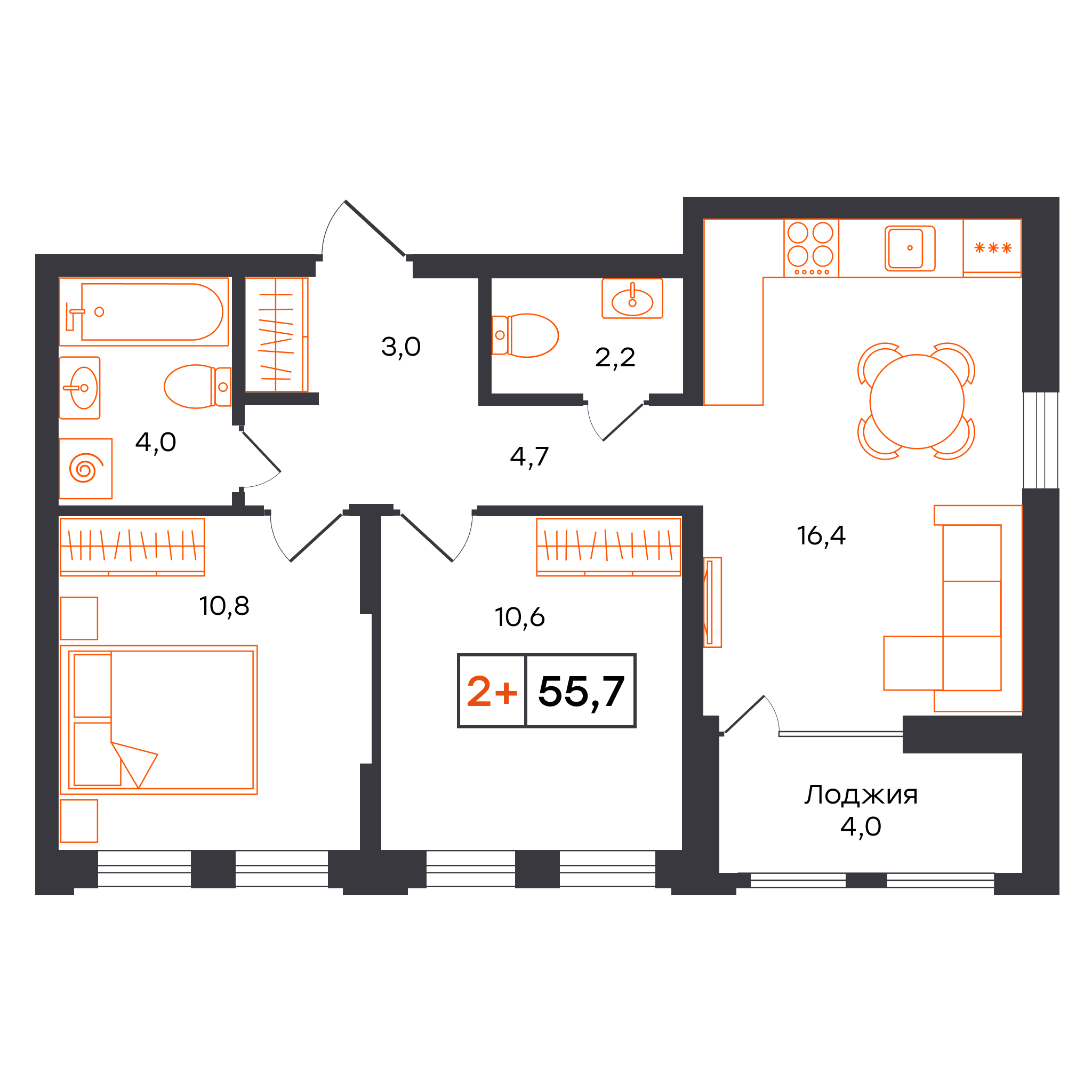 2-комнатная 55 м2 в ЖК УНО. Умный квартал корпус null этаж 12