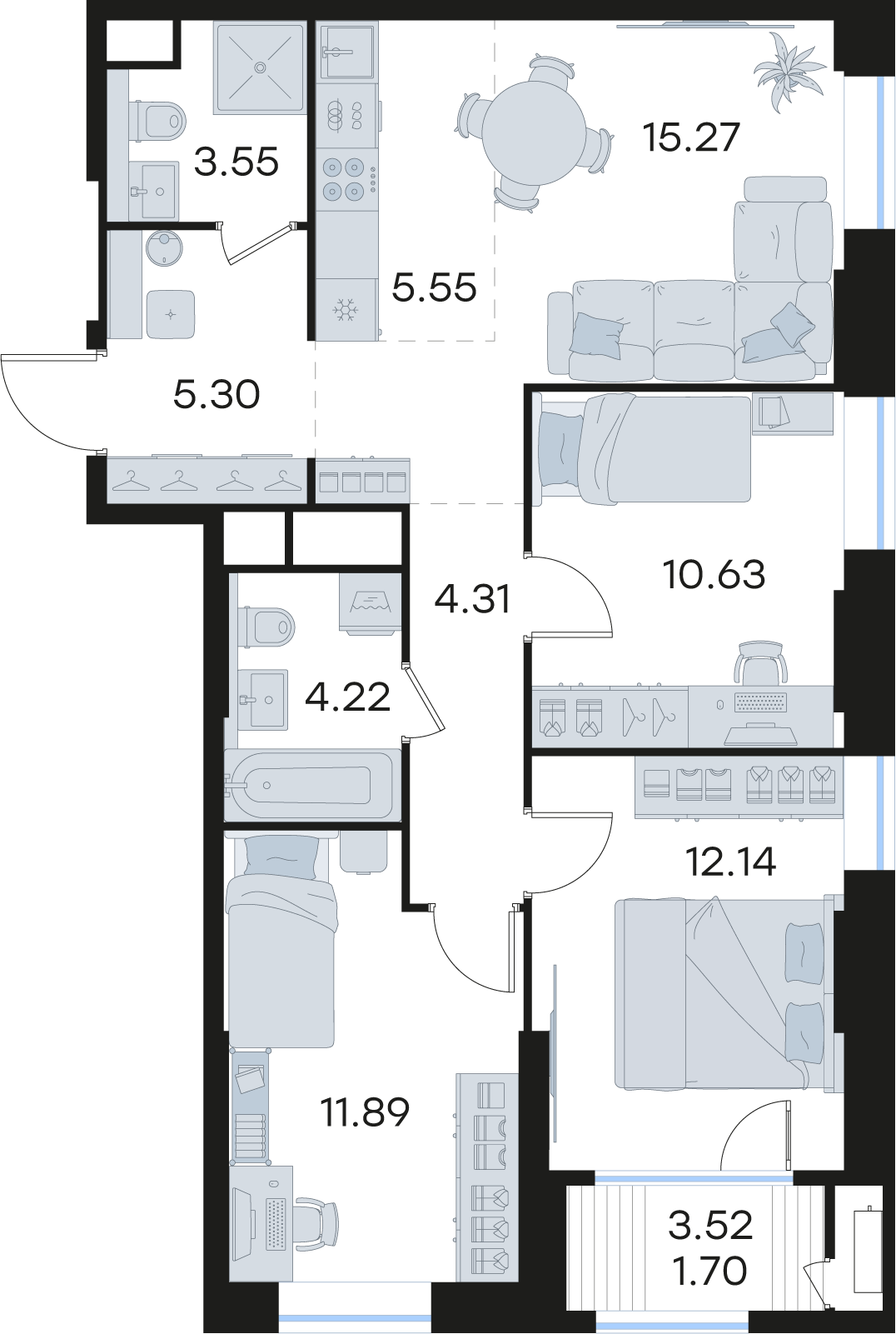 3-комнатная 74 м2 в ЖК Статус на Черниговской корпус null этаж 5