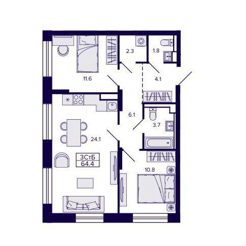 3-комнатная 64 м2 в ЖК Самородный квартал корпус null этаж 11