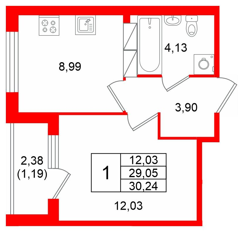 1-комнатная 30 м2 в ЖК Квартал Заречье корпус null этаж 6