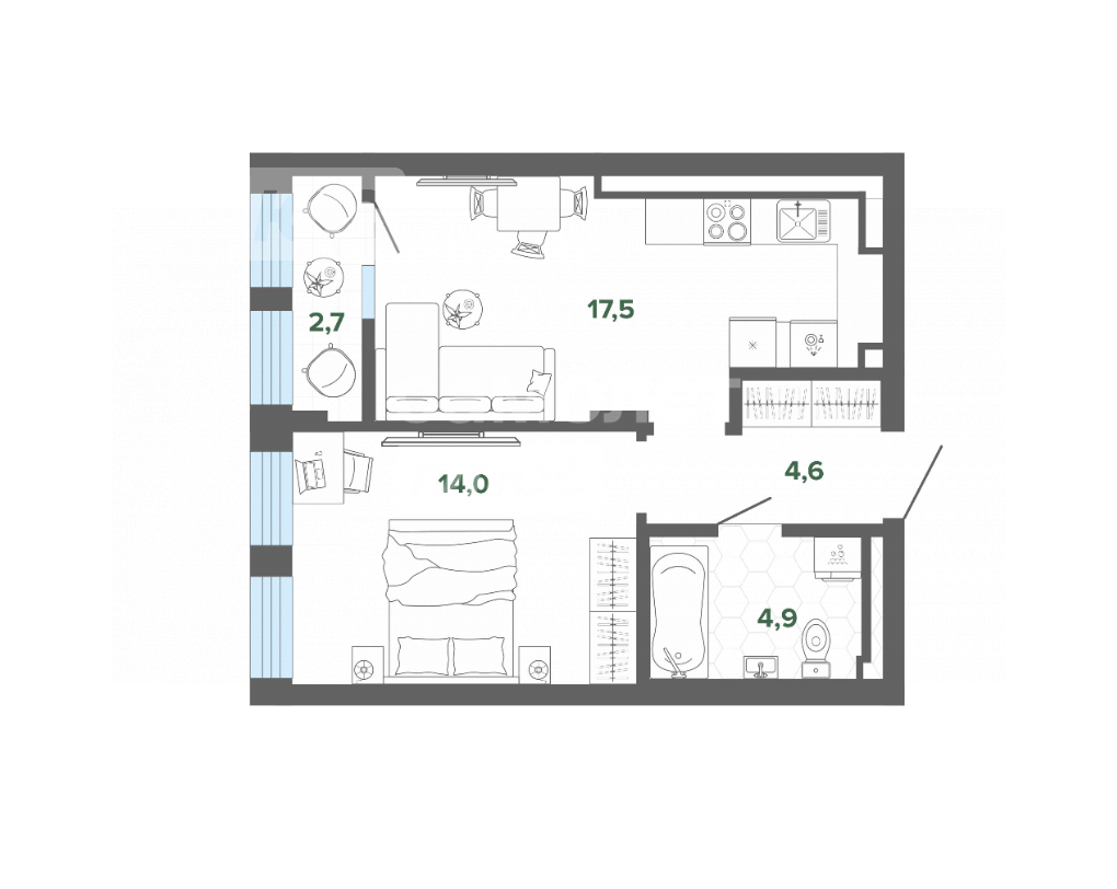 1-комнатная 44 м2 в ЖК undefined корпус null этаж 14