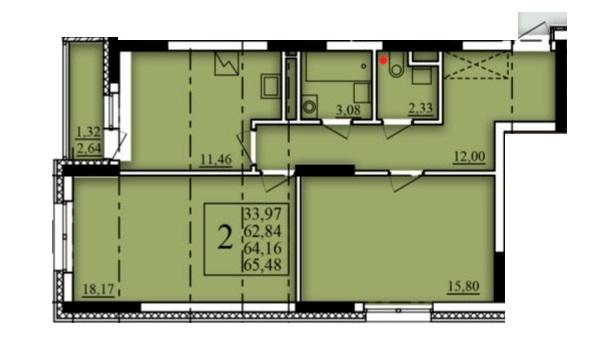 2-комнатная 64 м2 в ЖК Паруса корпус null этаж 12