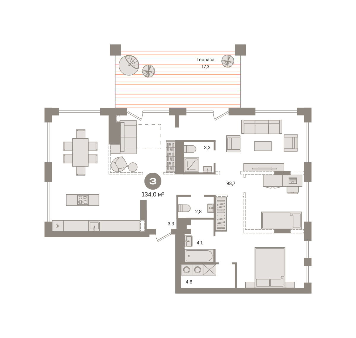 3-комнатная 134 м2 в ЖК Гудзон корпус null этаж 9
