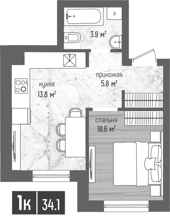 1-комнатная 34 м2 в ЖК Морена корпус null этаж 1