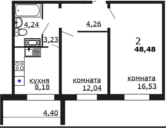 2-комнатная 48.5 м2 в ЖК undefined корпус null этаж 12