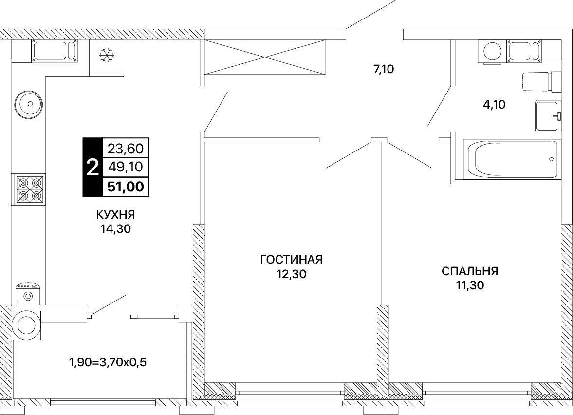 2-комнатная 51 м2 в ЖК Сияние корпус null этаж 11