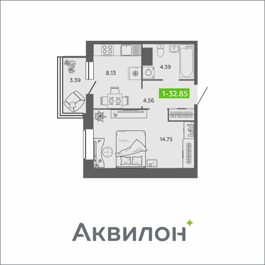 1-комнатная 32 м2 в ЖК Аквилон SAGE корпус null этаж 8
