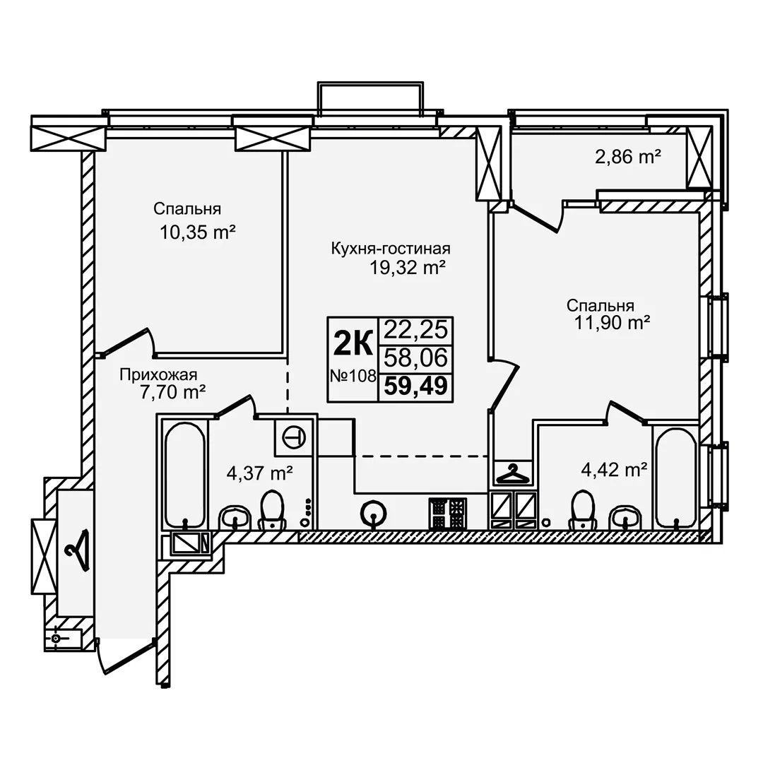 3-комнатная 59 м2 в ЖК Авиатор корпус null этаж 11