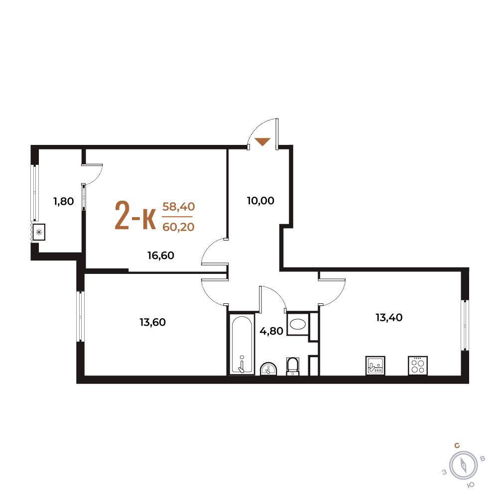 2-комнатная 60 м2 в ЖК Новое Летово корпус null этаж 4