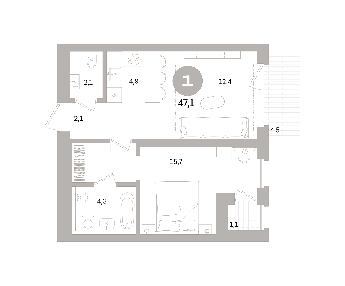 1-комнатная 47 м2 в ЖК Северный ветер корпус null этаж 4