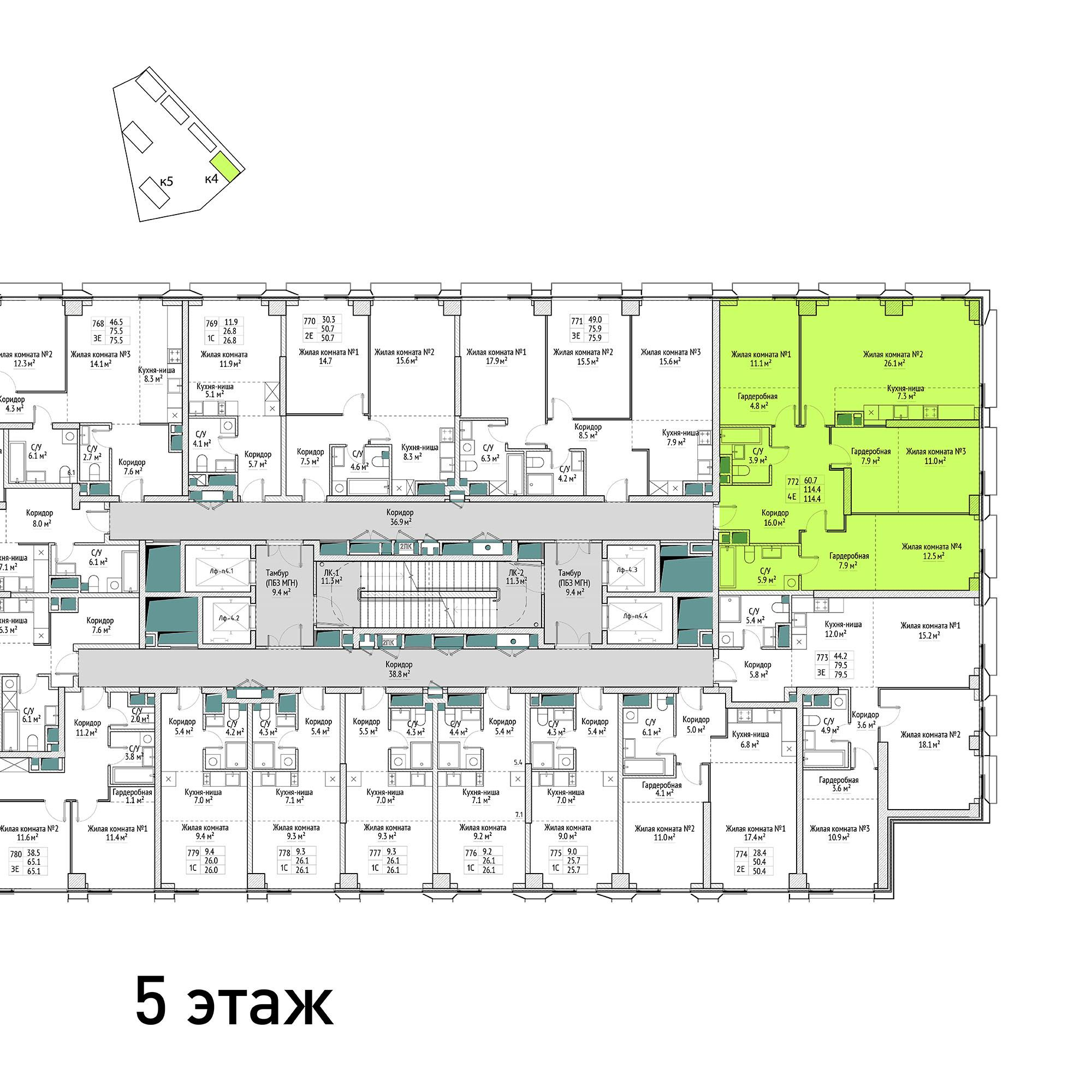 4-комнатная 114 м2 в ЖК ВЭРИ корпус null этаж 5