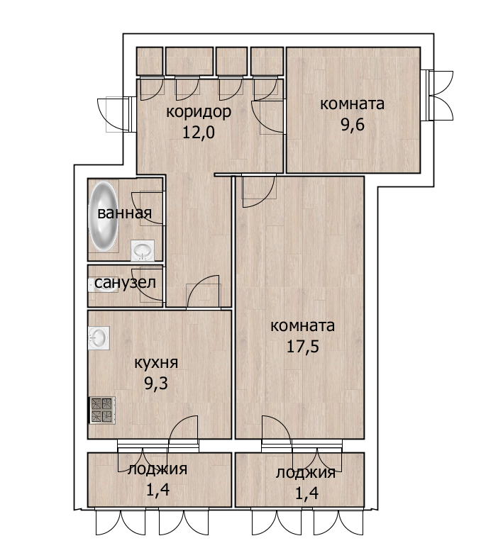 2-комнатная 57 м2 в ЖК undefined корпус null этаж 3