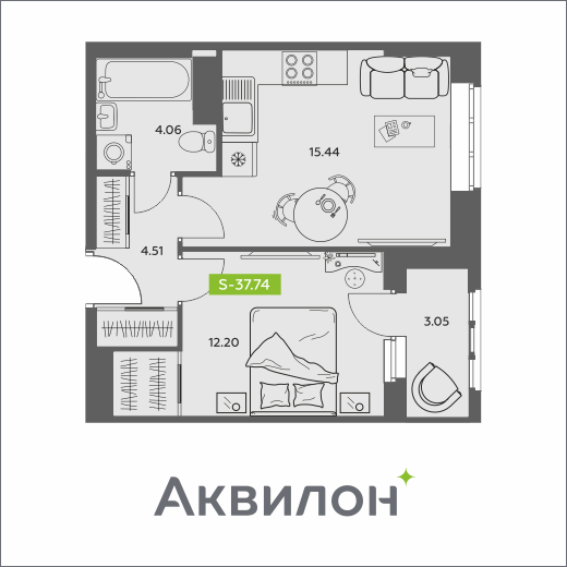 Студия 37 м2 в ЖК Аквилон АКВАРТАЛ корпус null этаж 15