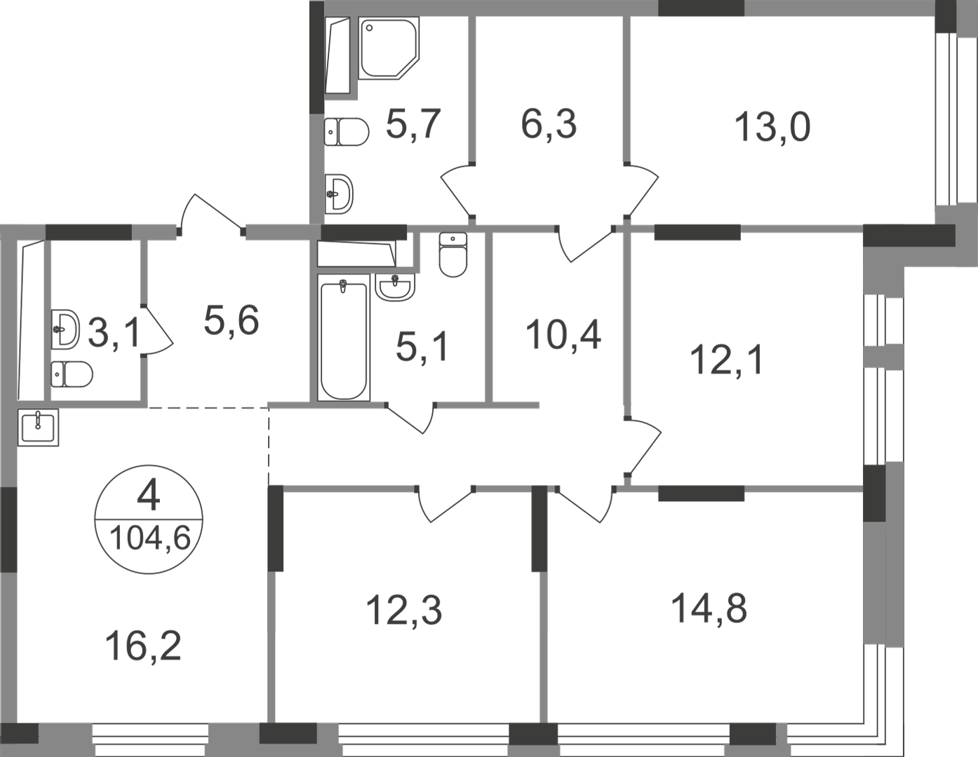 4-комнатная 104 м2 в ЖК Первый Московский корпус null этаж 21