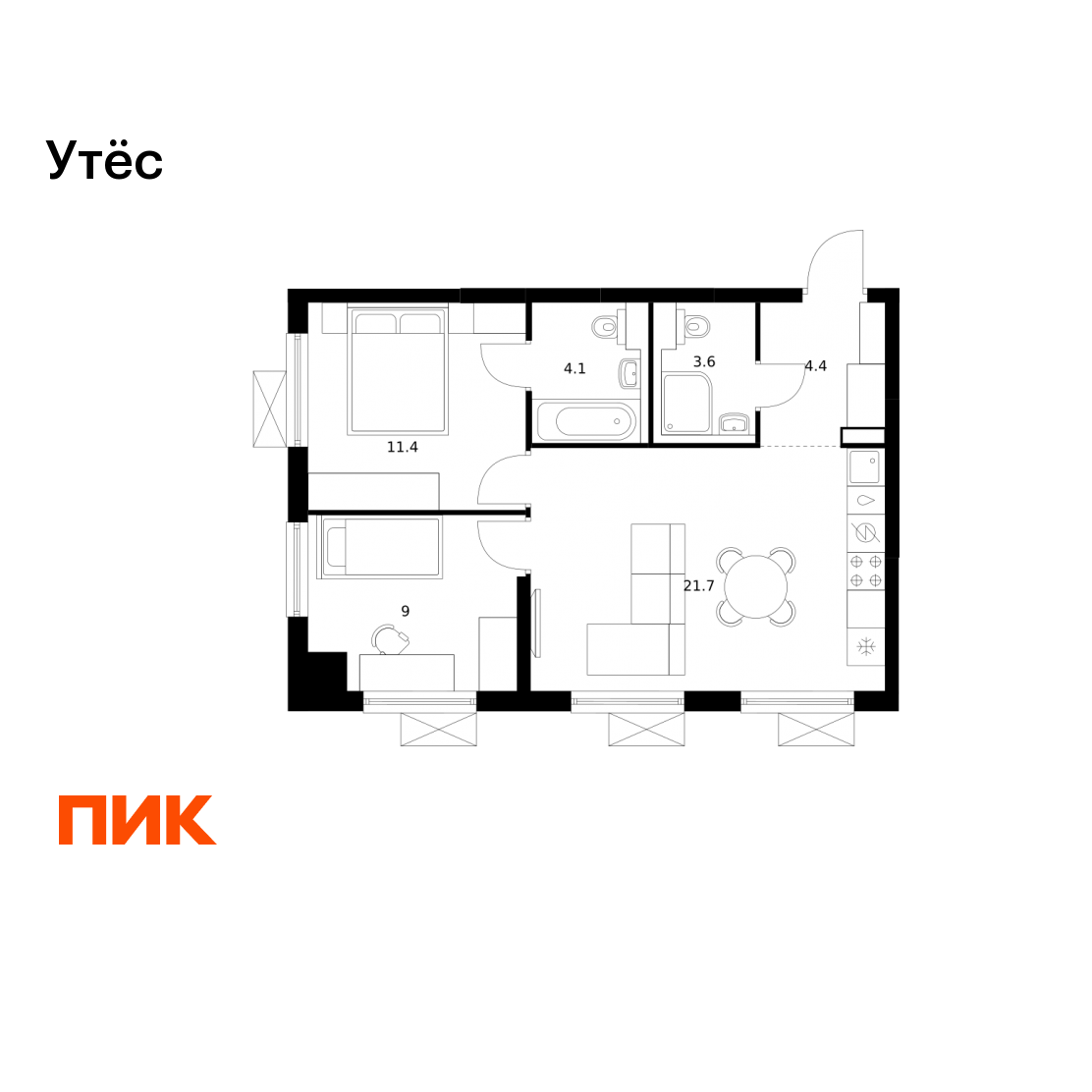 2-комнатная 54 м2 в ЖК Утёс корпус null этаж 10