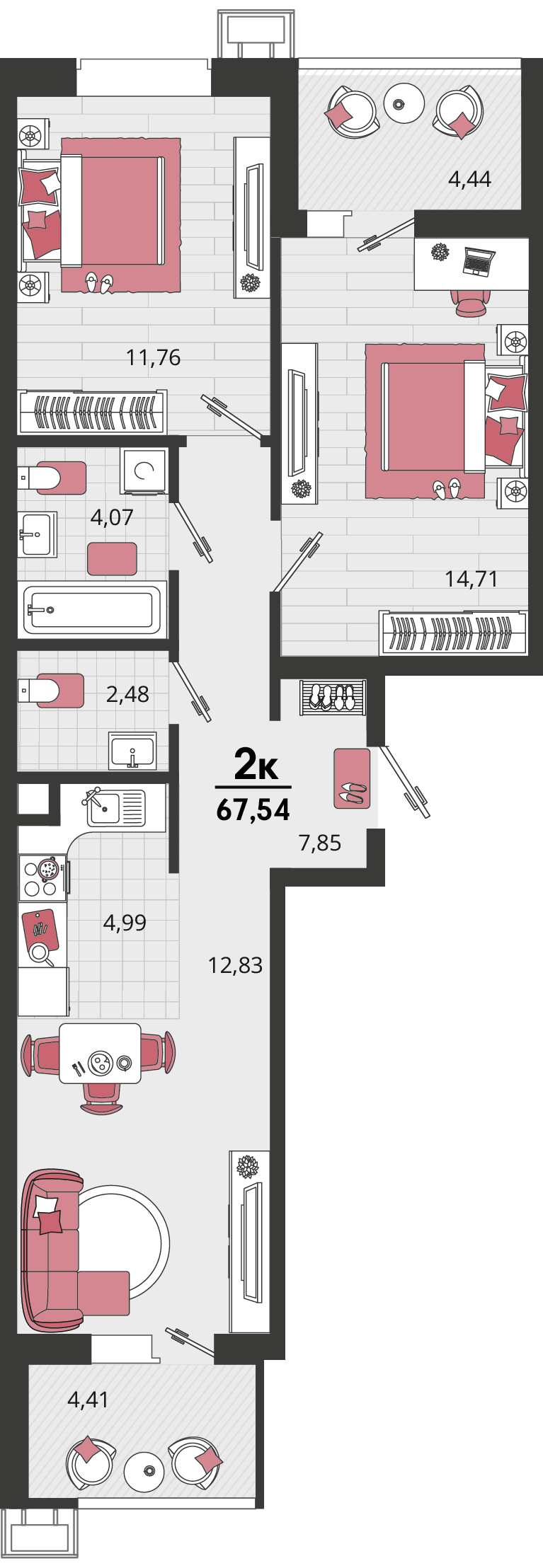 3-комнатная 67 м2 в ЖК Родные просторы корпус null этаж 2