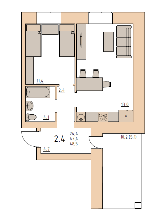 1-комнатная 48.5 м2 в ЖК undefined корпус null этаж 2