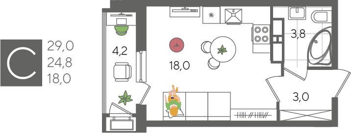 Студия 29 м2 в ЖК Рекорд 2 корпус null этаж 16