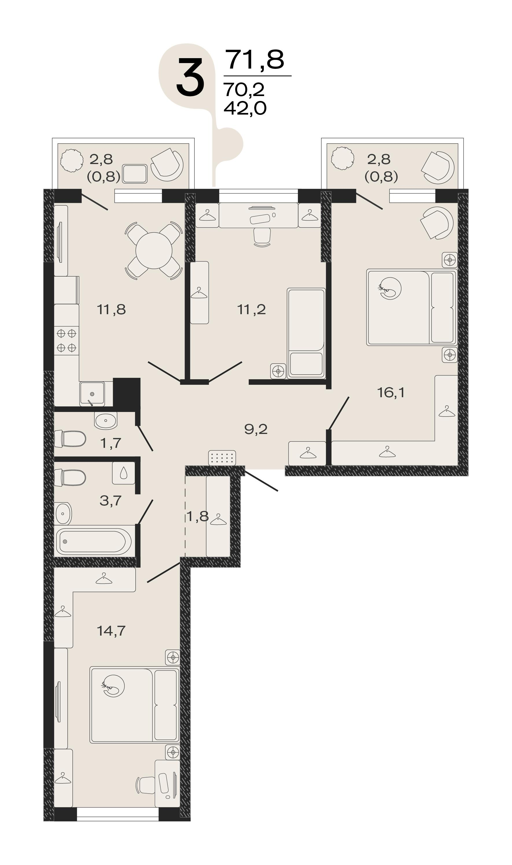 3-комнатная 71 м2 в ЖК ЭВО корпус null этаж 4