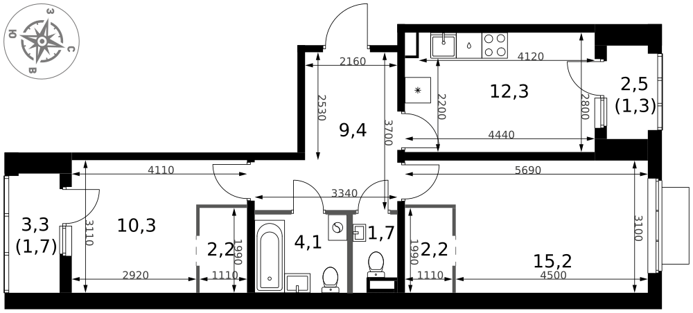 2-комнатная 60 м2 в ЖК 1-й Ясеневский корпус null этаж 4